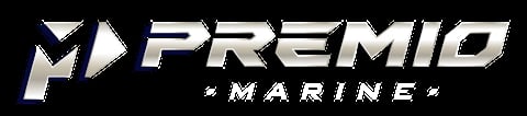Premio Marine logo featuring stylized arrow design and text in silver on dark background